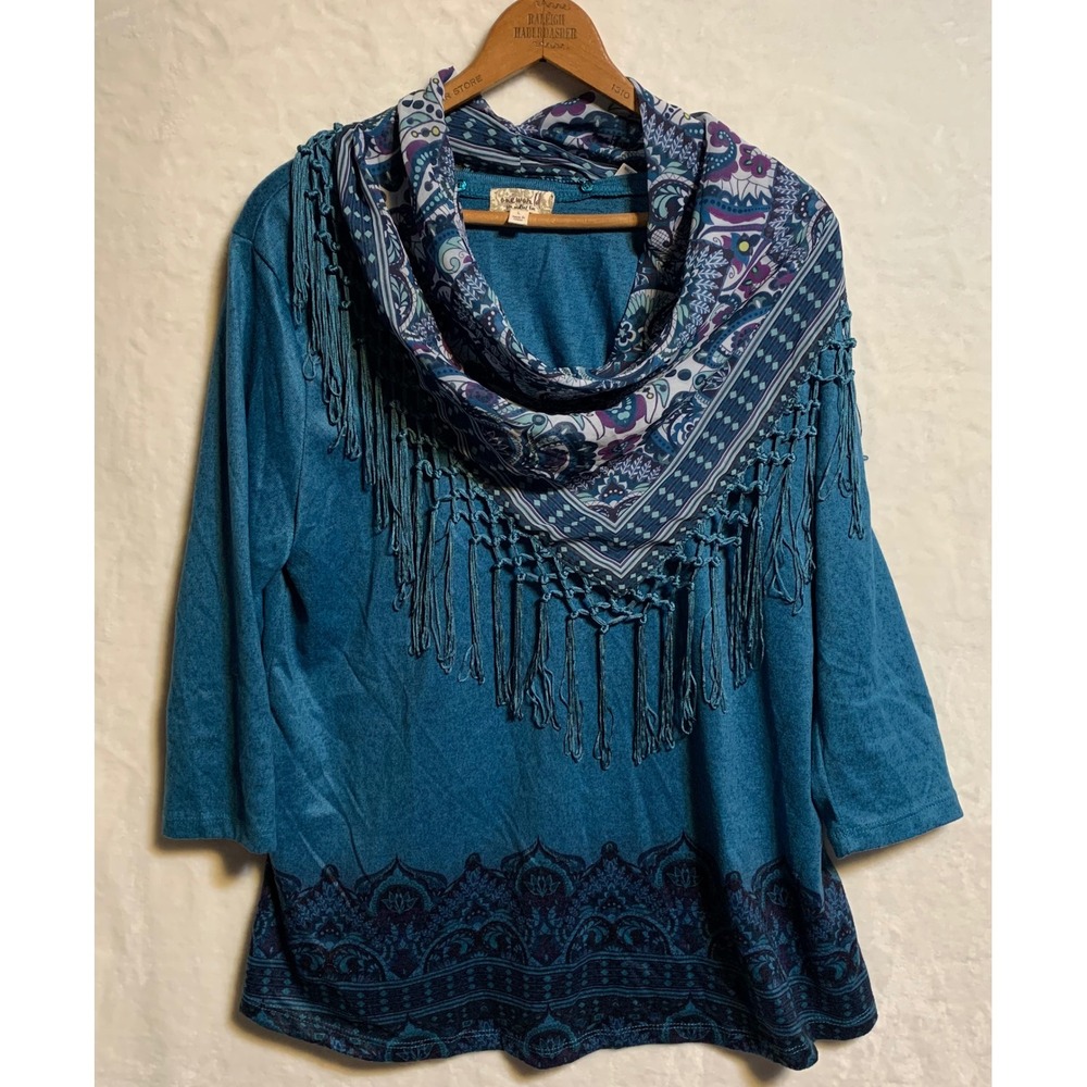 One World Live and Let Live Teal Paisley Fringe‎ Cowl Neck 3/4 Sleeve Top Large